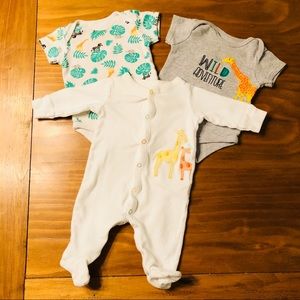 3pk Wild Adventure Giraffe Baby Onsies